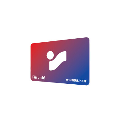 Intersport sports gift card, red-blue gradient, with logo and the text 'For you!' for sports equipment.