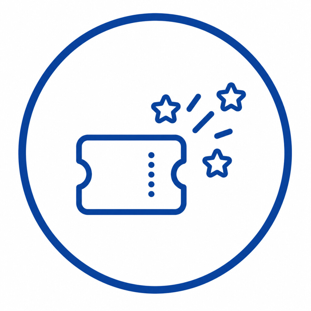 Blue symbol with a perforated ticket next to three sparkling stars, symbolizing a prize or a raffle.