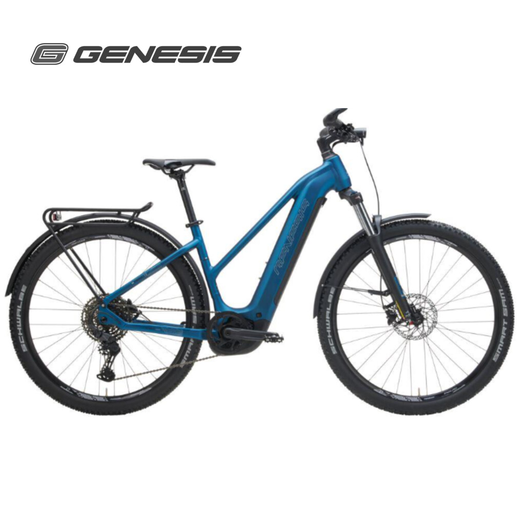 Silver Genesis e-mountain bike, with Bosch drive and orange accents on a white background.