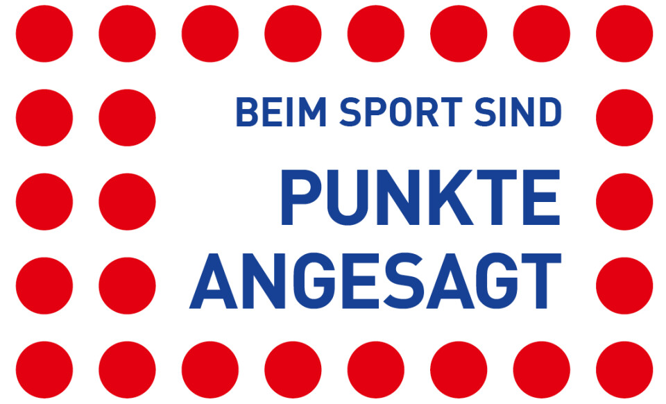Deutsche Sportgrafik mit rotem Tupfenrand, der den blauen Text 'BEIM SPORT SIND PUNKTE ANGESAGT' umgibt.