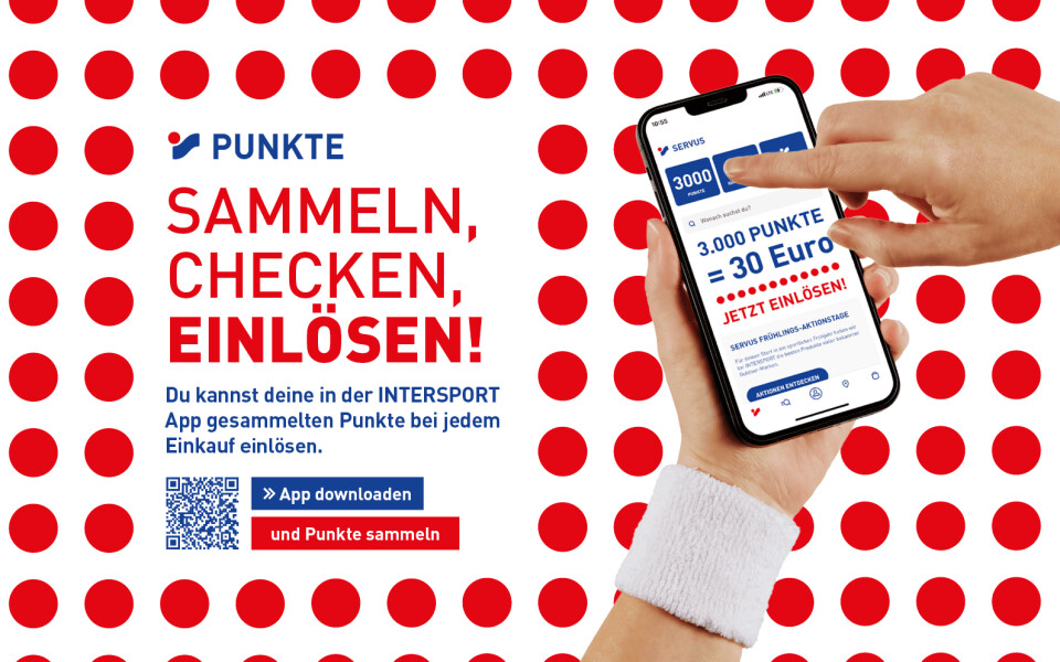 Intersport Loyalty Program: Hand holding smartphone with app showing 3000 points for 30 Euro redemption, red dotted background.