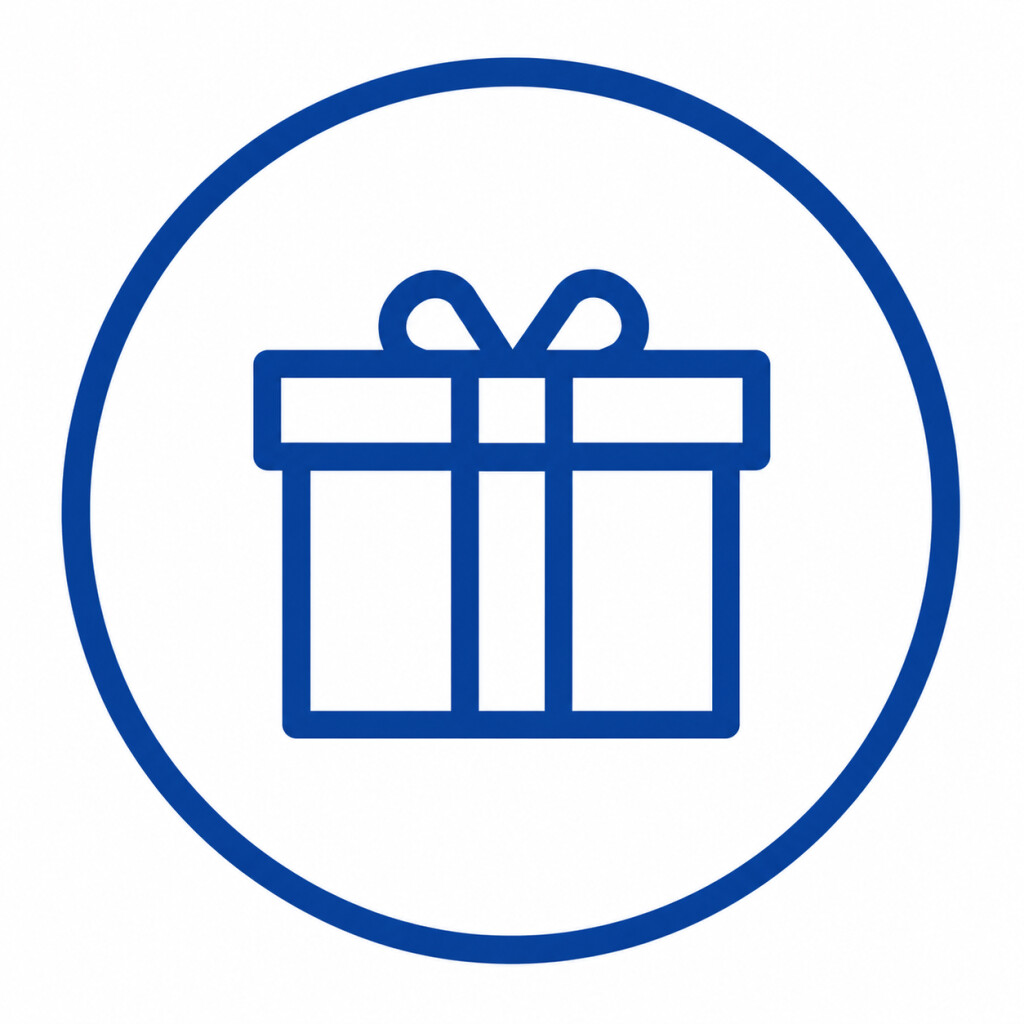 Blue line-art gift box icon with a bow, symbolizing a gift, a reward, or a special offer.