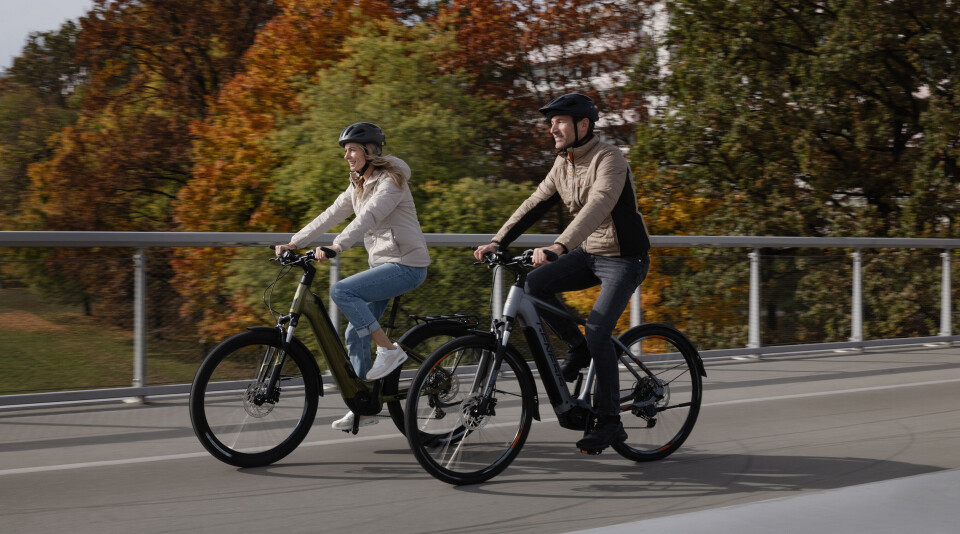 A man and a woman are riding e-bikes on a bridge, surrounded by colorful autumn trees.