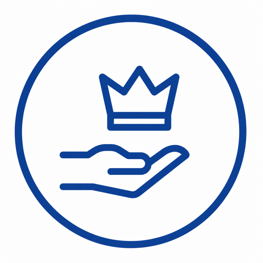 Blue symbol: Hand offering a crown, represents premium quality, excellence, and first-class service.