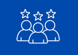Icon mit drei stilisierten Personen und Sternen, das ein erstklassiges Team, Kundenexzellenz oder Mitarbeiteranerkennung symbolisiert.