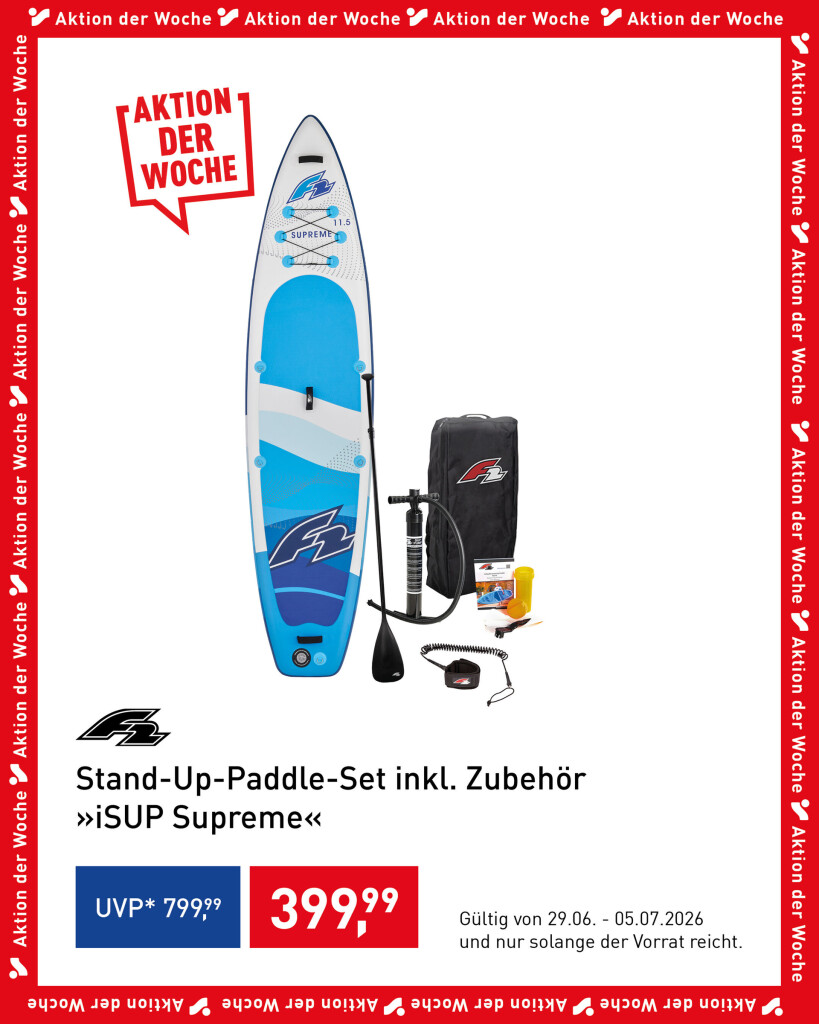 Aufblasbares blau-weißes iSUP Supreme Stand-Up Paddleboard-Set mit Paddel, Pumpe und Tragetasche.